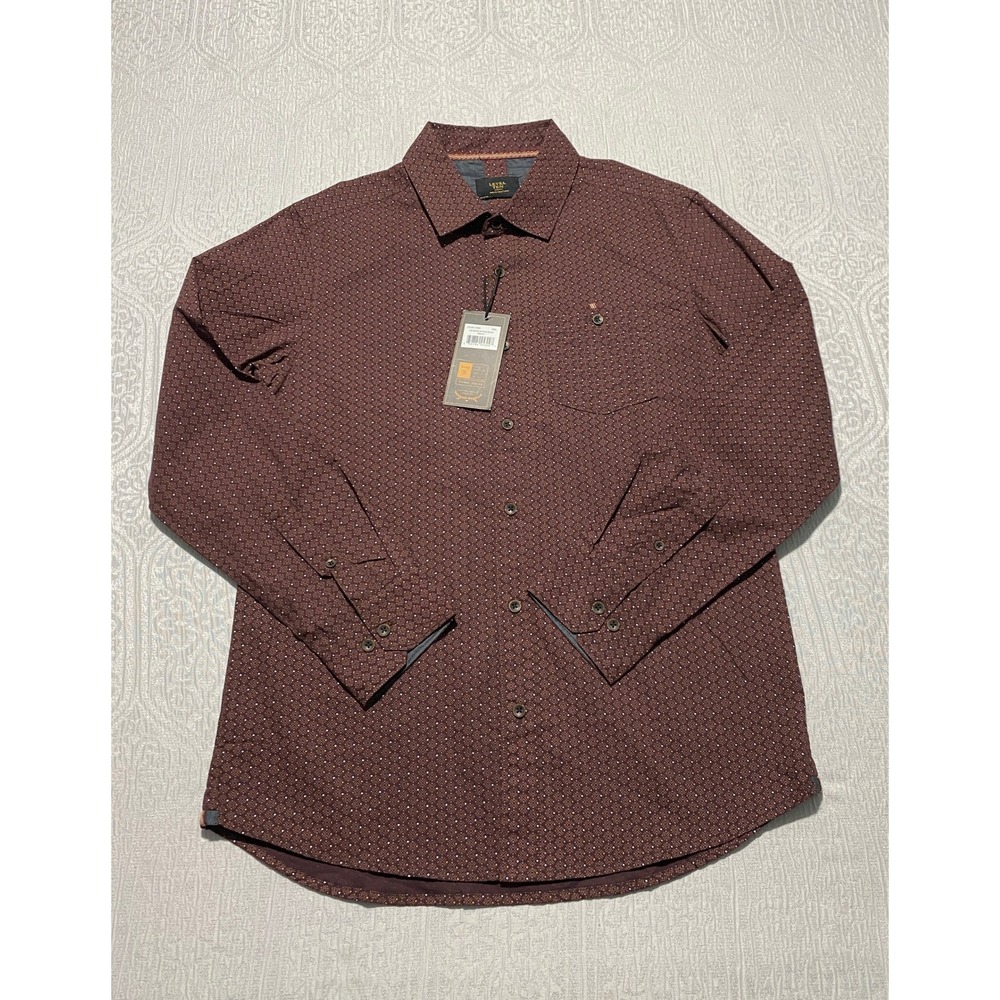 Level Ten Mens Couture Peached Poplin Button Down Shirt Maroon Geometric Small